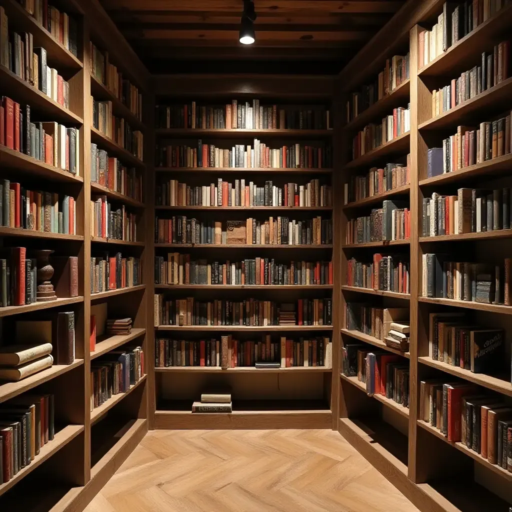 a photo of vintage bookshelves filled with books in a basement