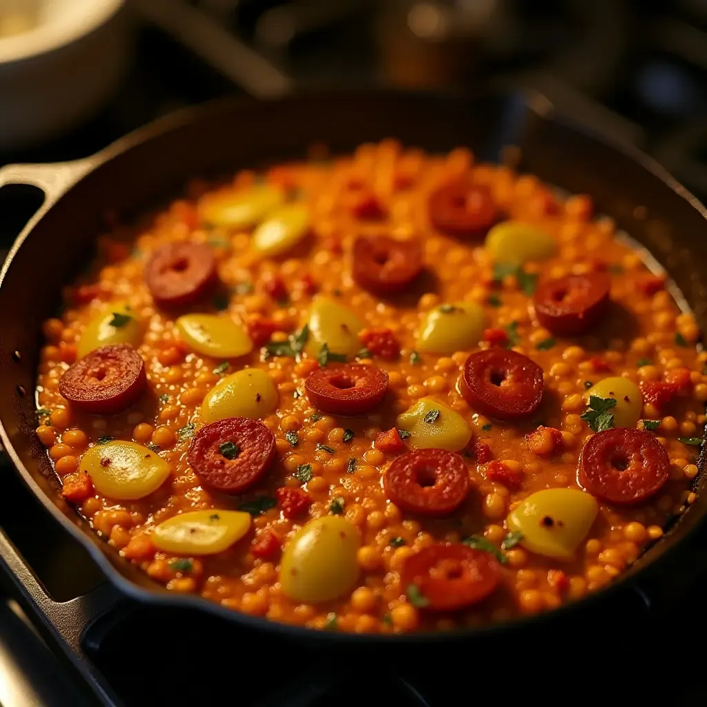 a photo of paella with smoked paprika and chorizo, sizzling in a cast iron pan.