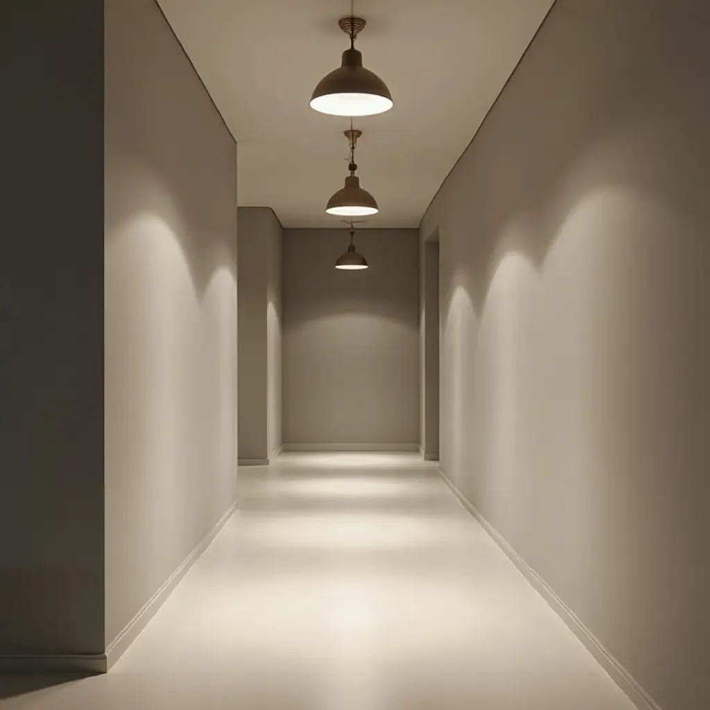 a photo of a corridor with pendant lights in a monochromatic color scheme