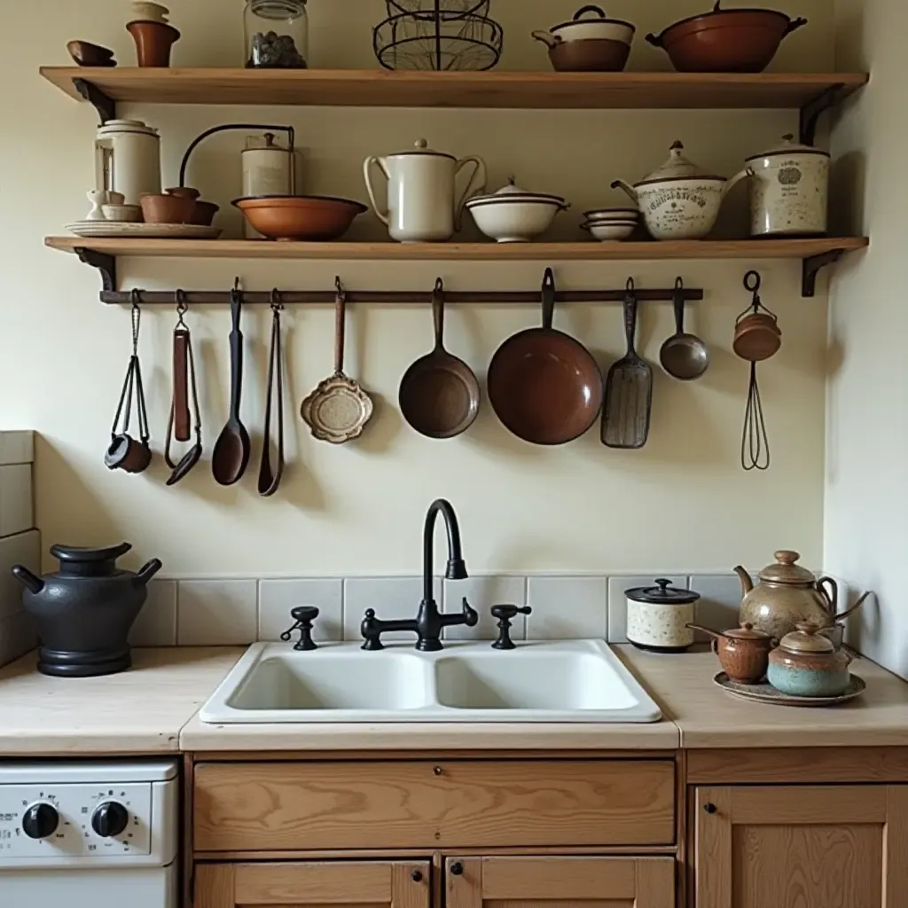 a photo of a charming kitchen with a collection of vintage utensils