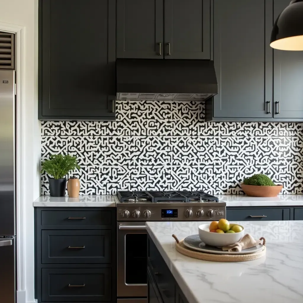 a photo of a bold black and white patterned tile backsplash in an industrial kitchen