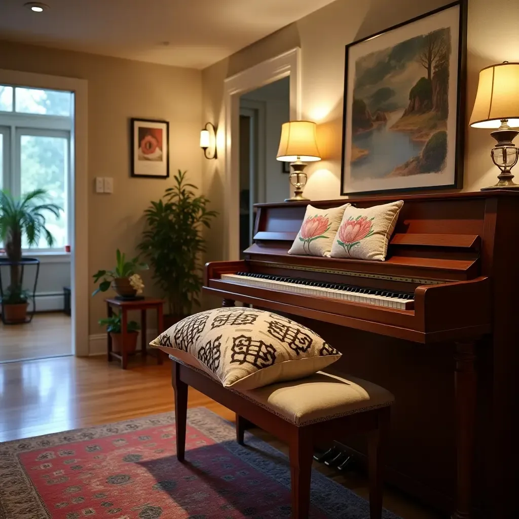 a photo of a basement music room with artistic throw pillows on a piano bench