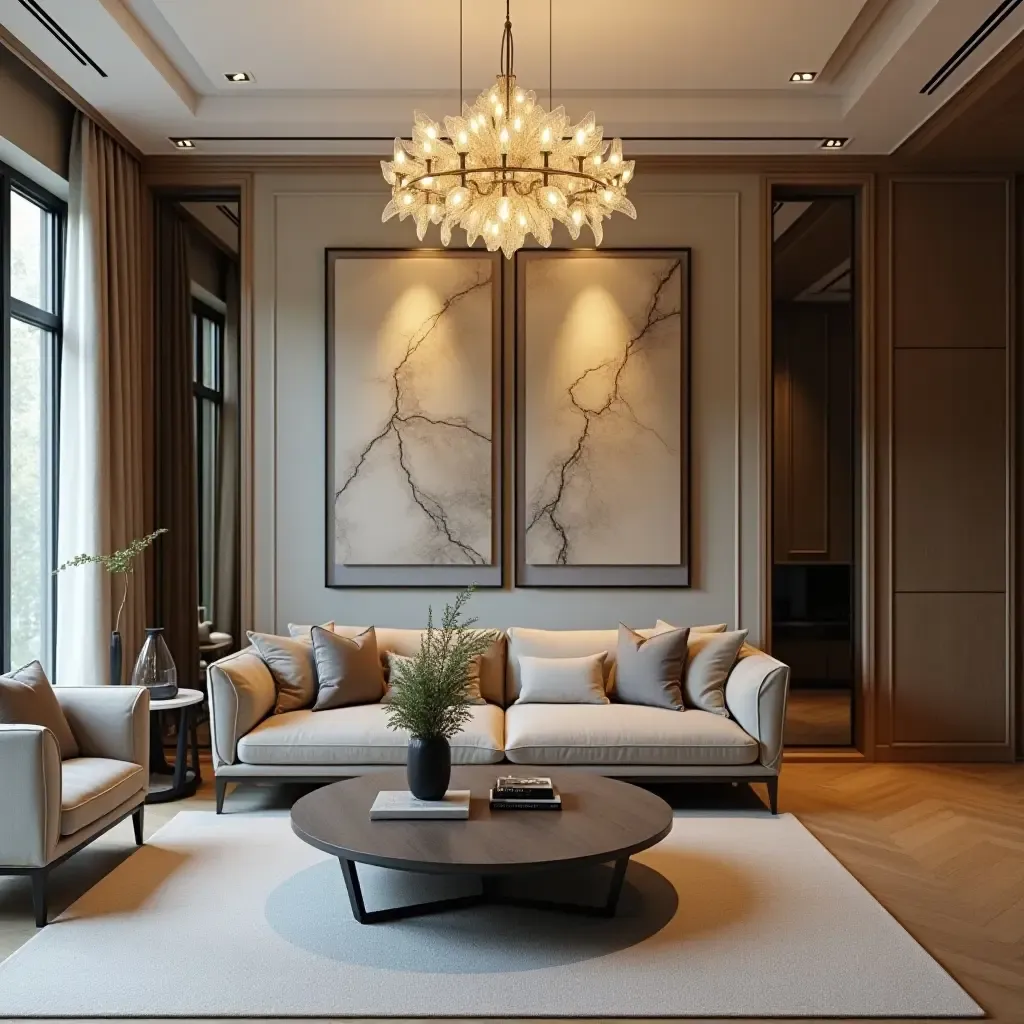 a photo of a living room with a unique chandelier and wall art