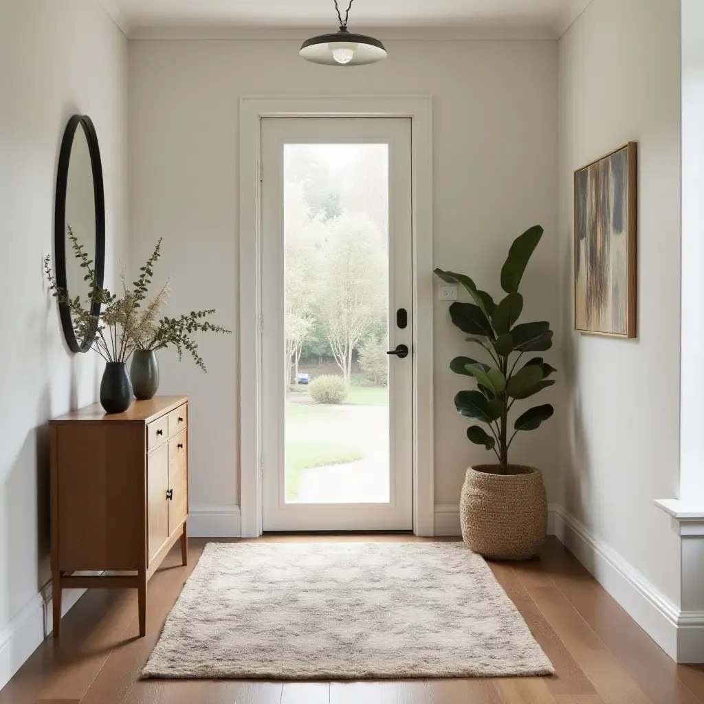 a photo of a chic rug adding warmth to an entrance hall