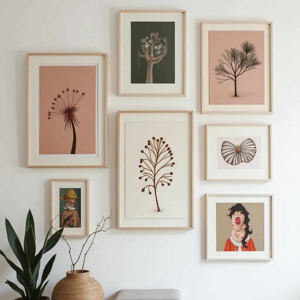 a photo of a gallery wall with a collection of quirky art pieces