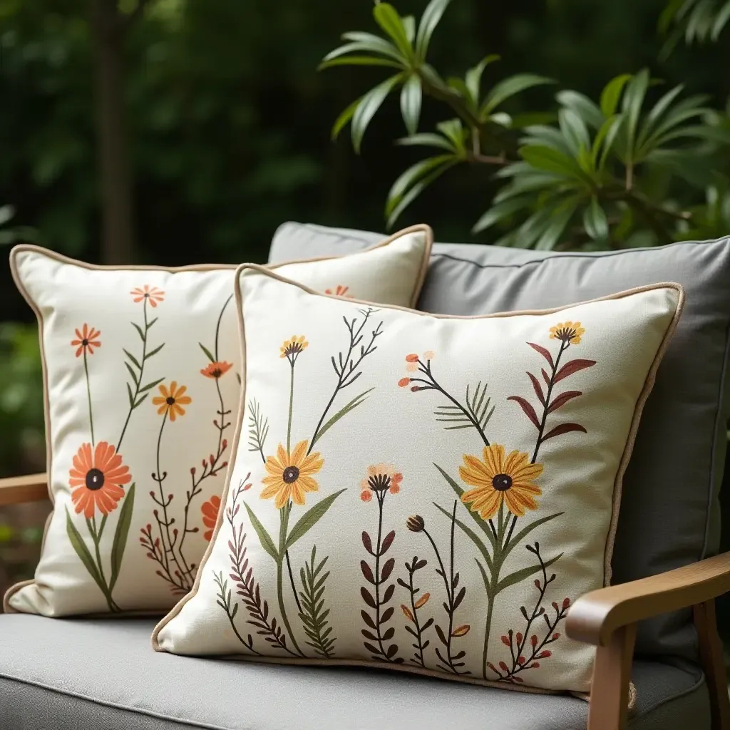 a photo of throw pillows with nature-inspired designs enhancing outdoor decor