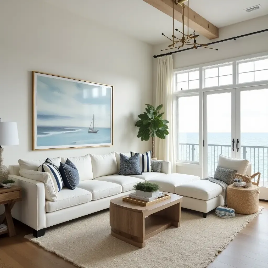 a photo of a coastal-themed living room with nautical decor and light fabrics