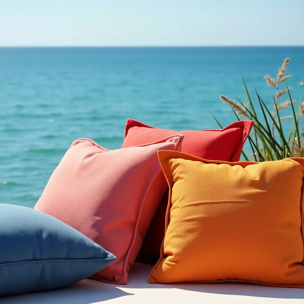 a photo of throw pillows in vibrant colors against a backdrop of water