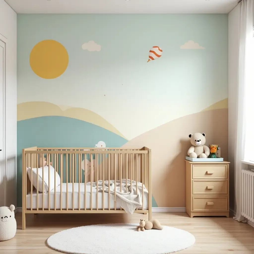 a photo of a nursery showcasing a colorful wall mural with storage