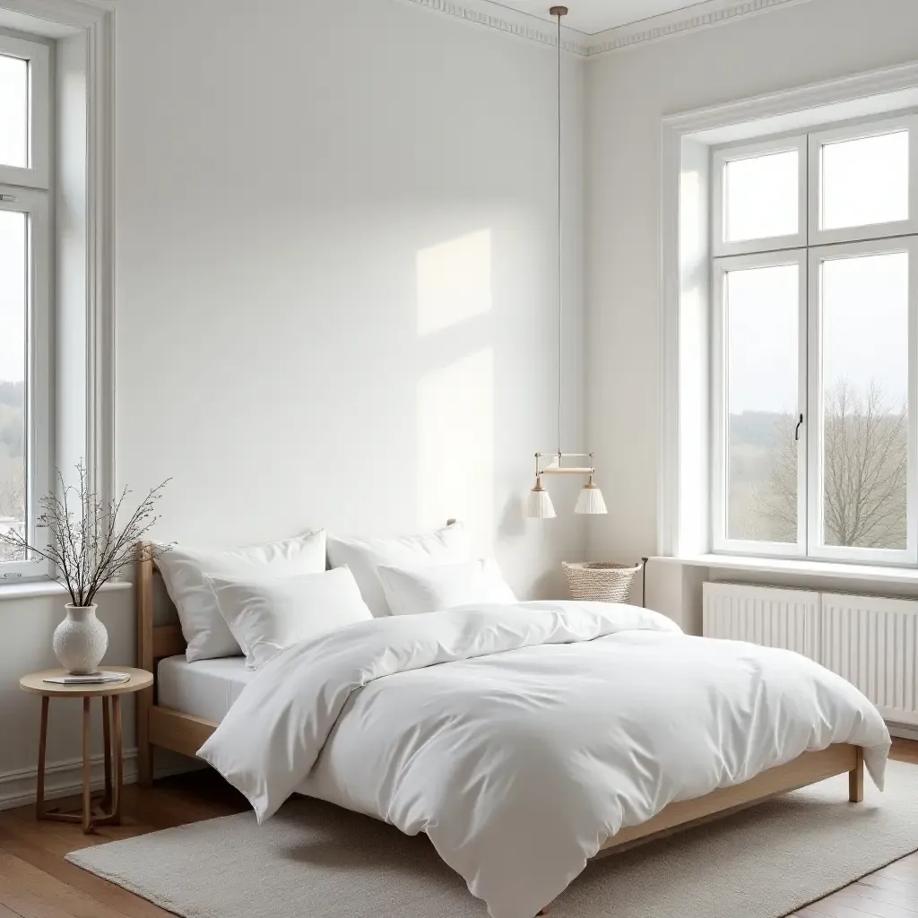 a photo of a minimalist Scandinavian bedroom with large windows and soft white linens