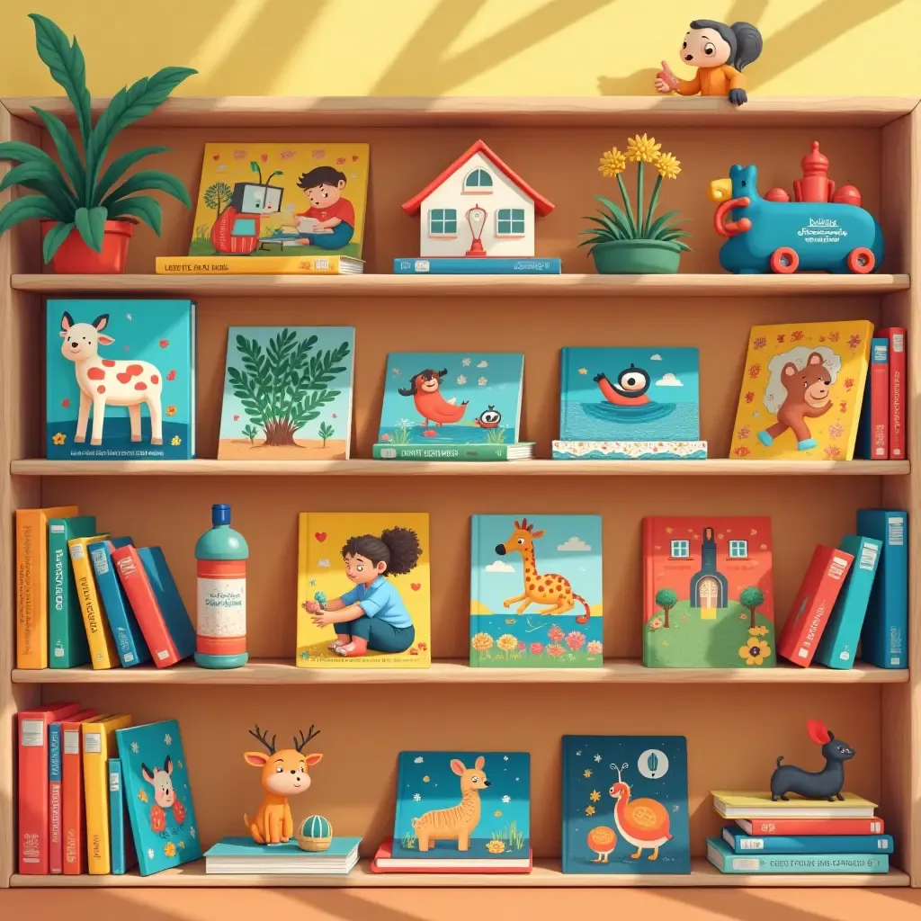 a photo of a vibrant children&#x27;s library shelf filled with illustrated books and toys