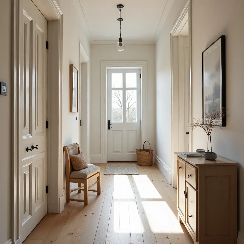 a photo of a cozy hallway showcasing Scandinavian decor principles and natural lighting