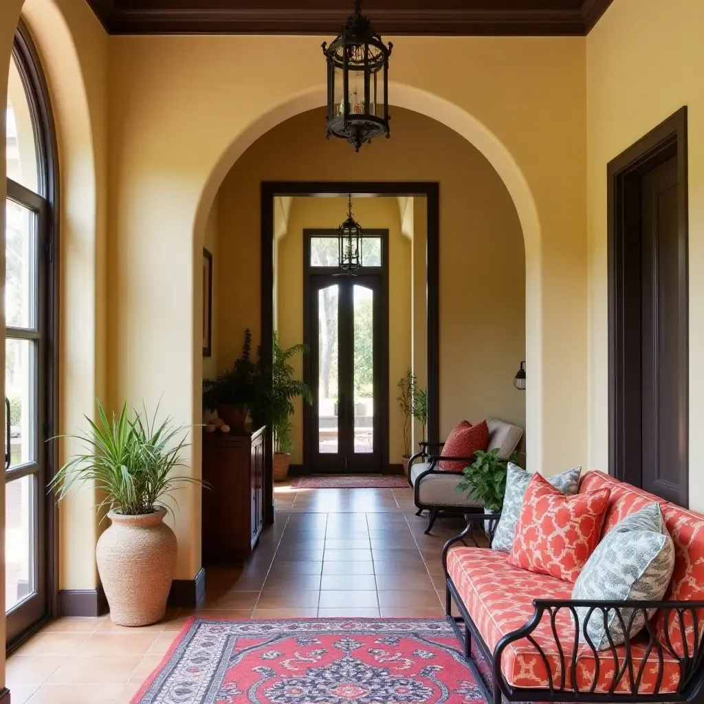 a photo of a Mediterranean-style entryway with vibrant textiles and cushions