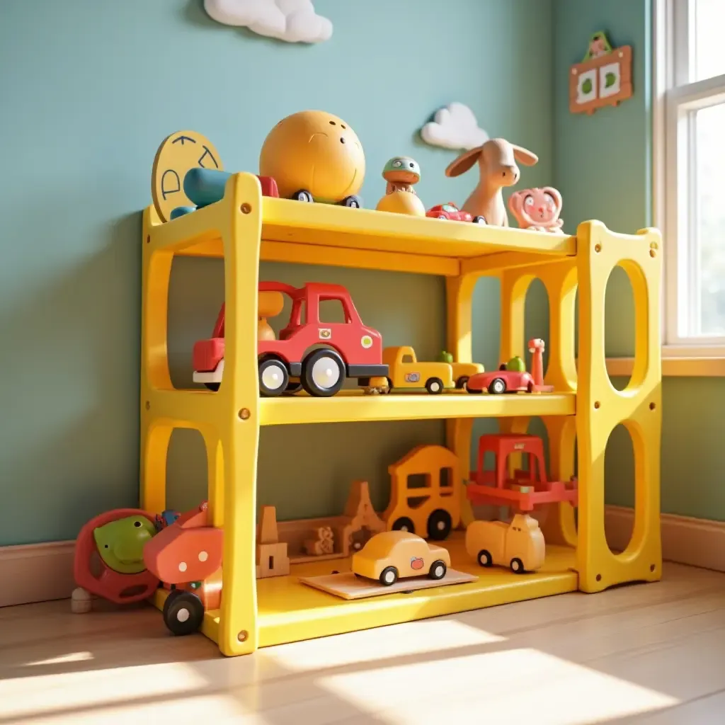 a photo of a bright and functional toy garage for kids