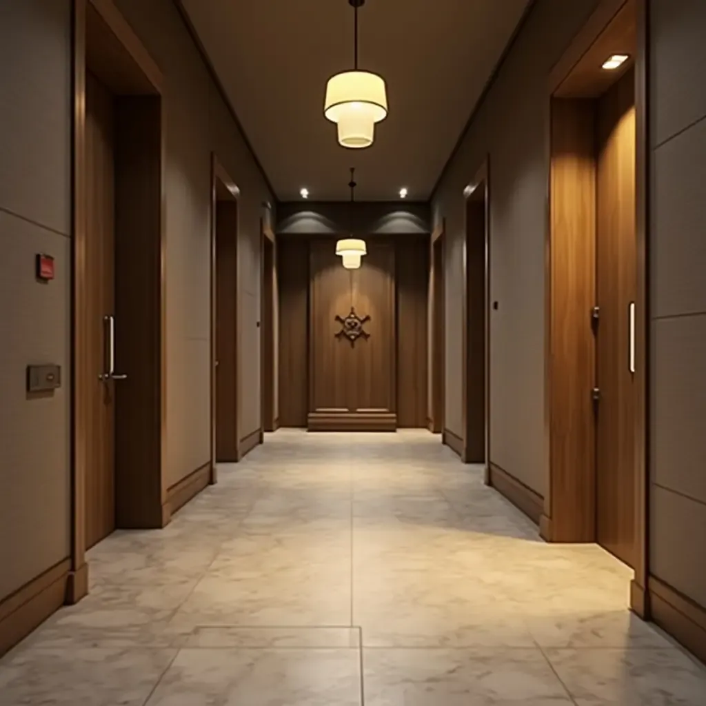 a photo of a corridor with pendant lights that highlight flooring details