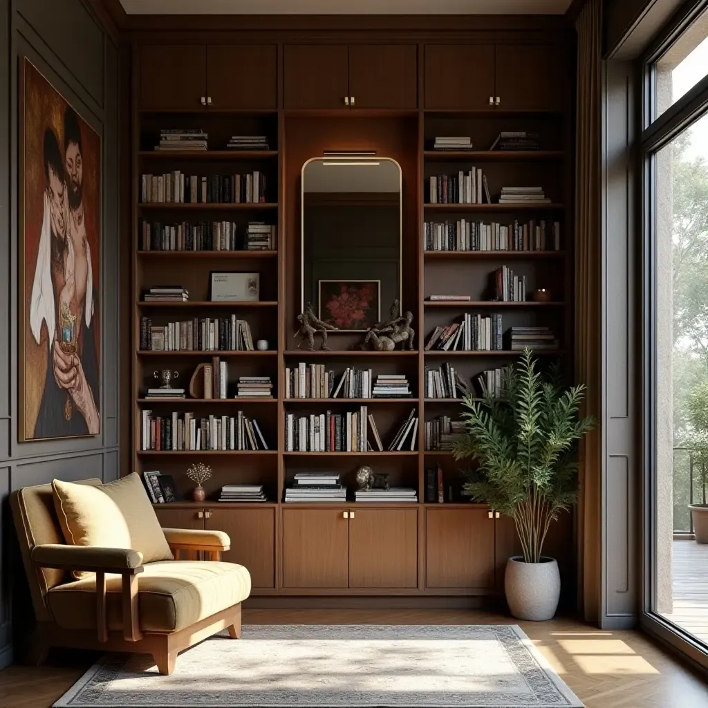 a photo of a library featuring mirrored artwork on the walls