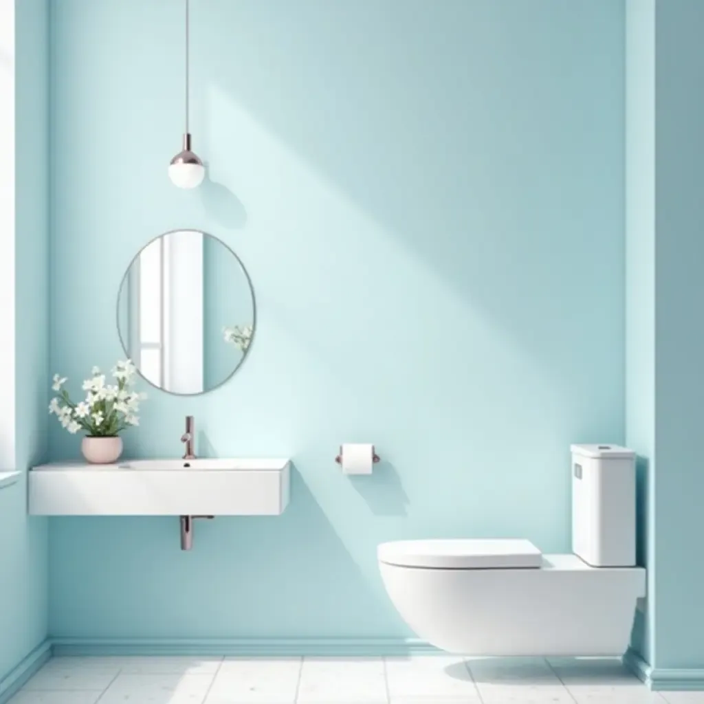 a photo of a serene bathroom with calming blue and white colors