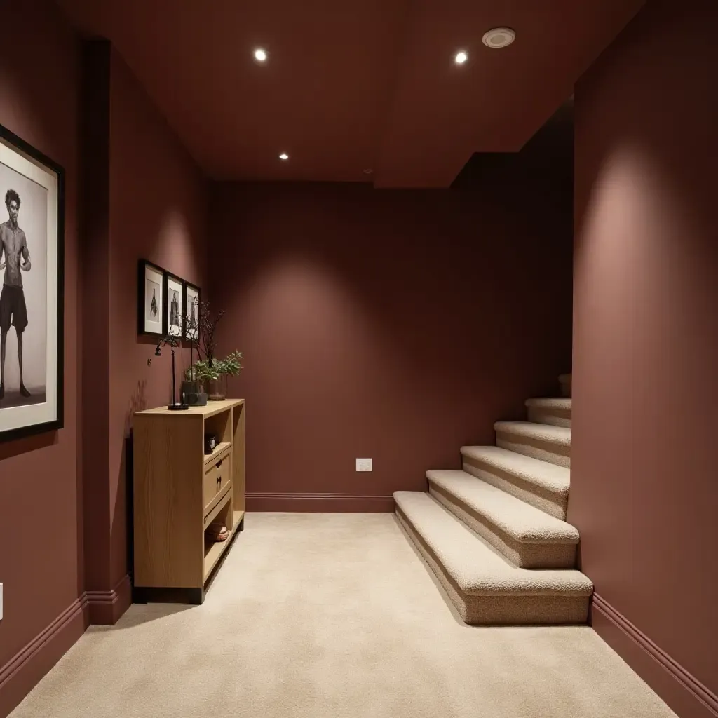 a photo of an inviting basement with warm taupe and rich plum shades