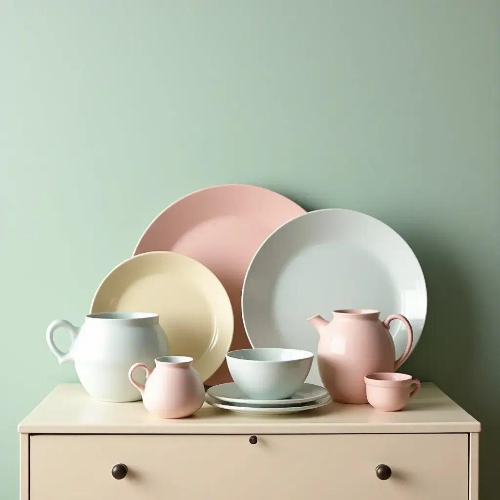 a photo of pastel-colored dishware arranged on a vintage dresser