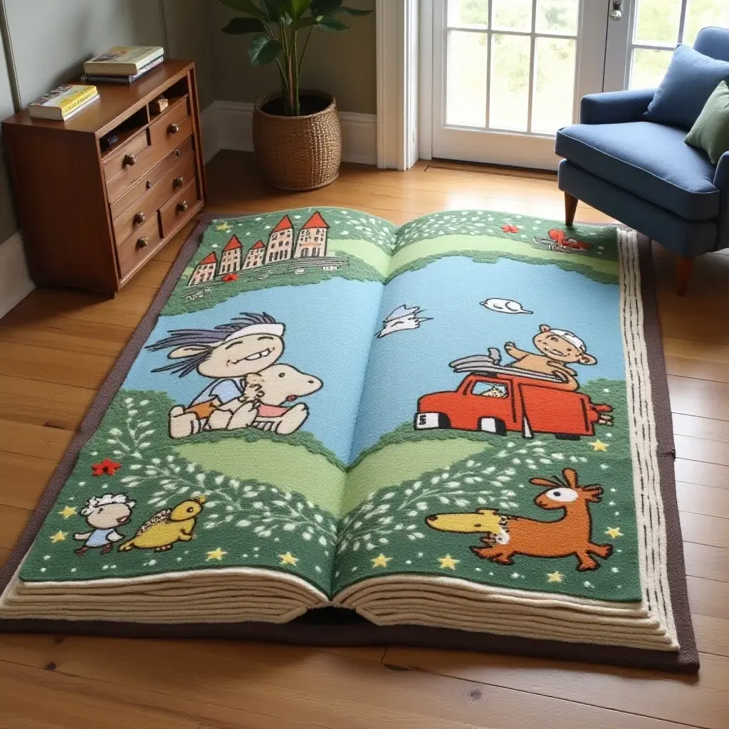 a photo of a rug shaped like a giant book for storytime adventures