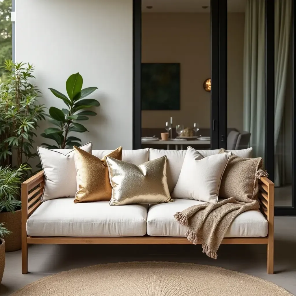 a photo of a chic balcony with metallic throw pillows