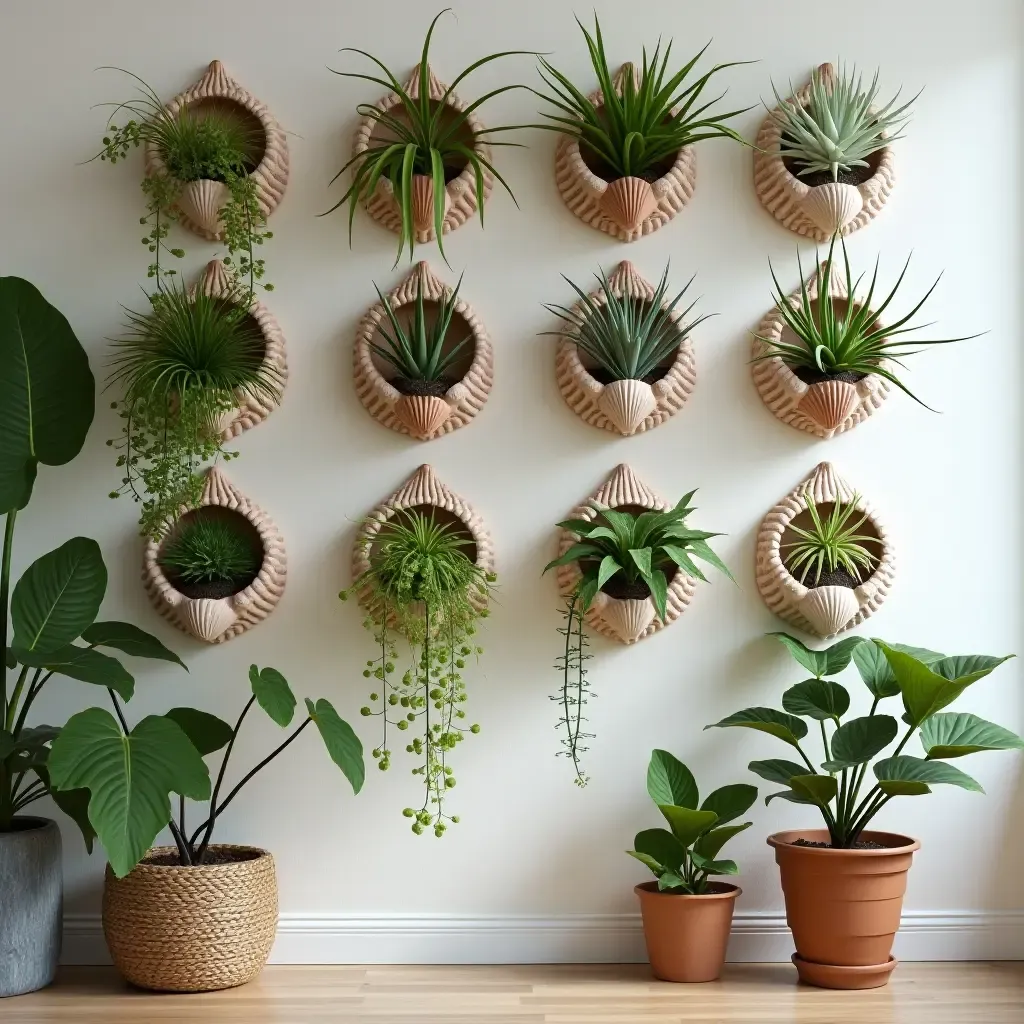 a photo of a chic garden wall featuring air plants and shells