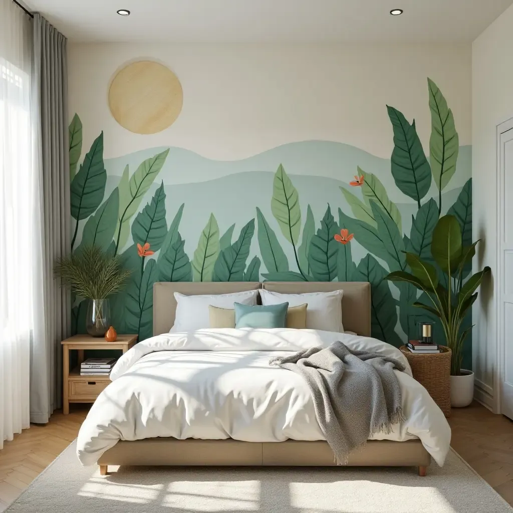 a photo of a bedroom featuring a plant-themed mural