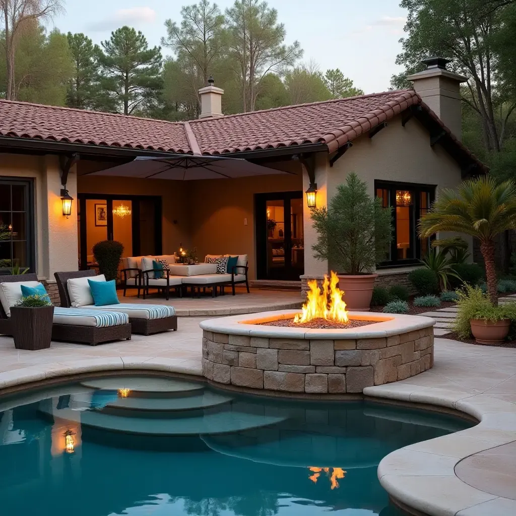 a photo of a cozy fire pit area next to a Mediterranean-style pool