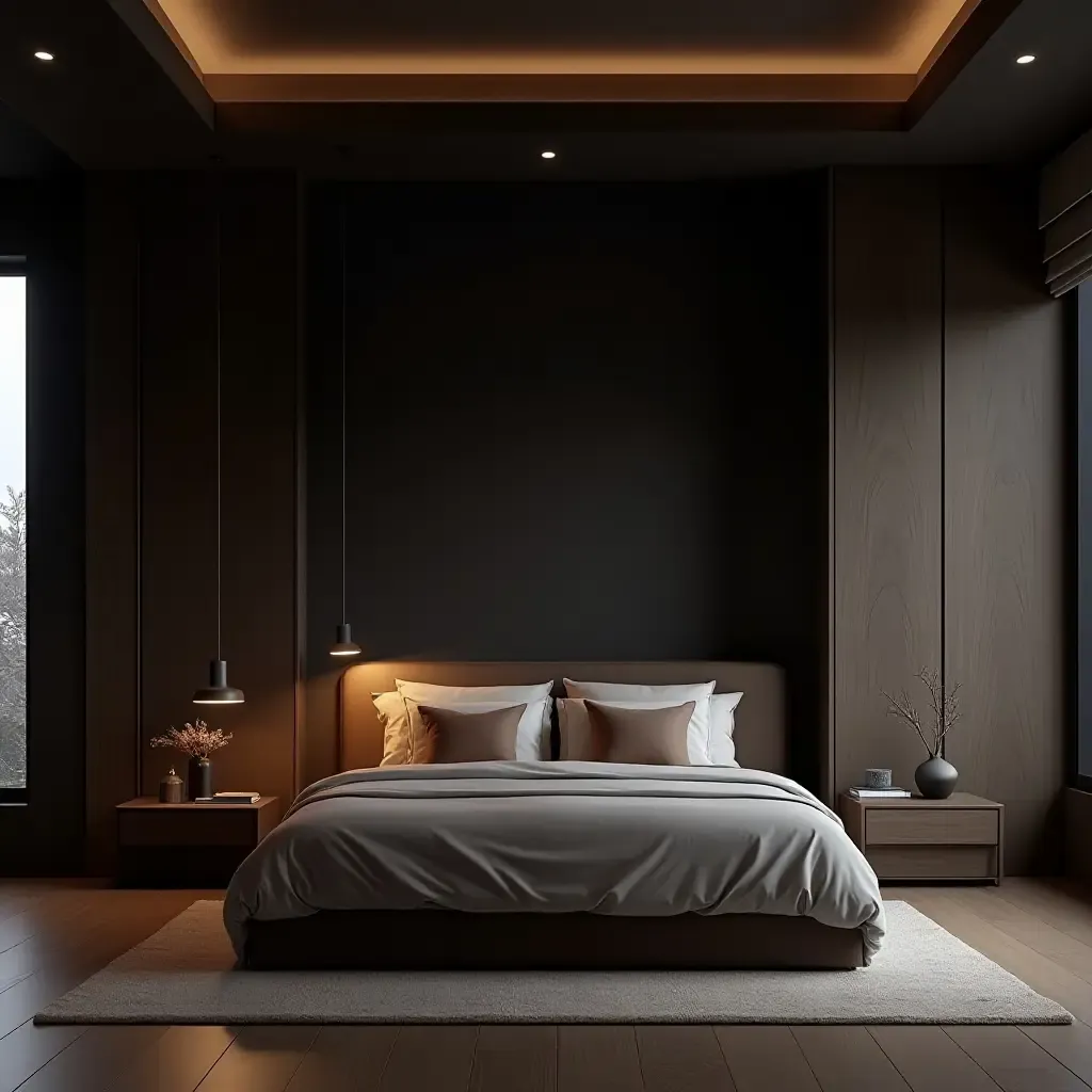 a photo of an elegant bedroom with dark tones and a touch of luxury