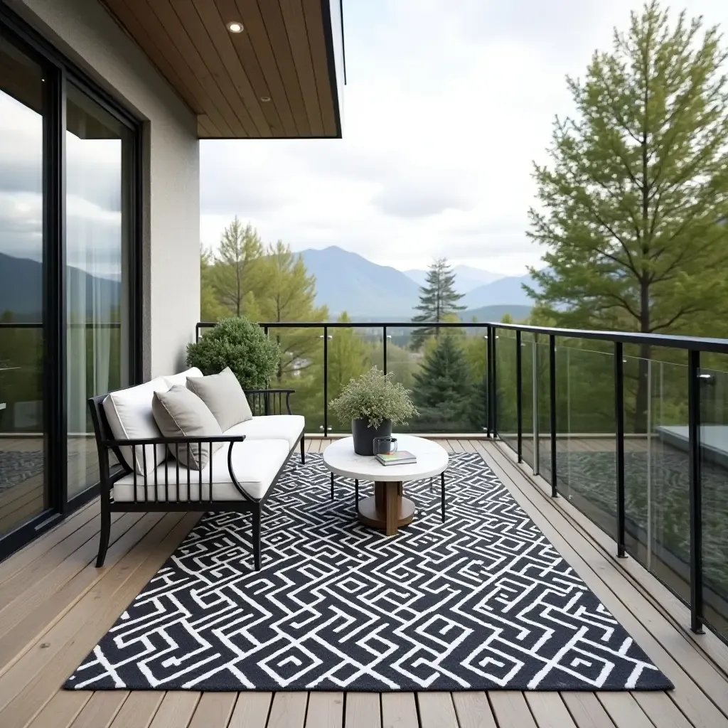 a photo of a chic black and white rug on a contemporary balcony