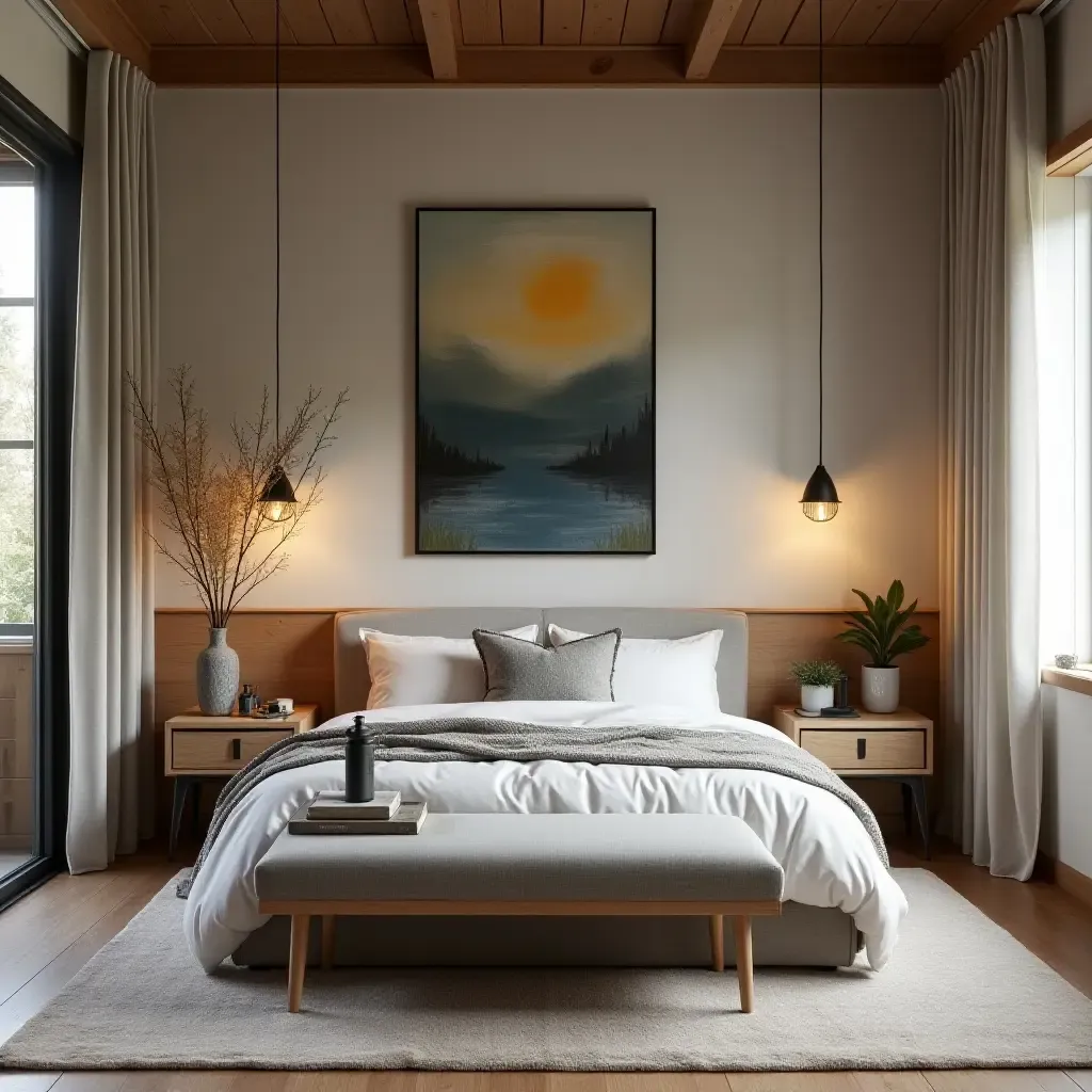 a photo of a cozy bedroom with a blend of contemporary art and rustic decor