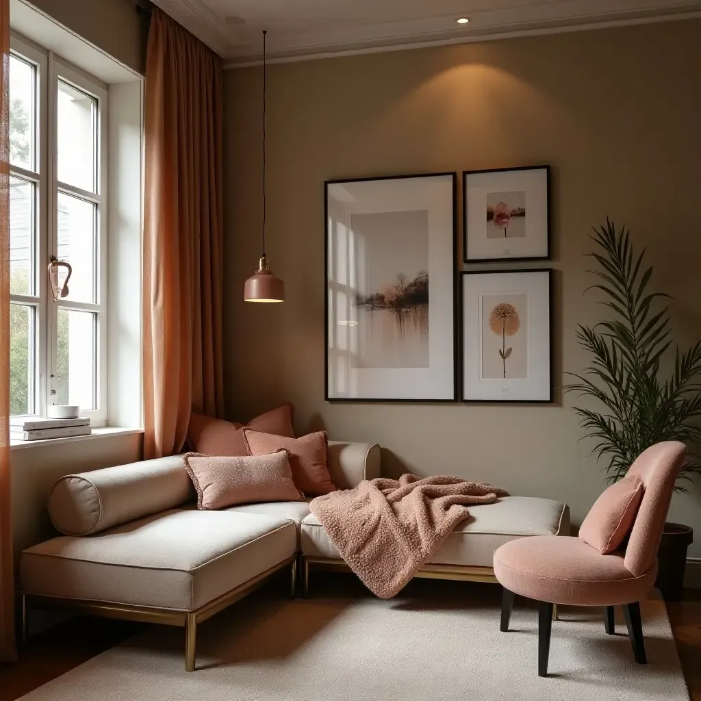 a photo of a cozy reading corner with chic decor and plush seating