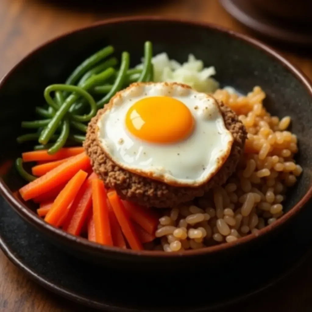 a photo of colorful bibimbap with assorted vegetables and a fried egg on top