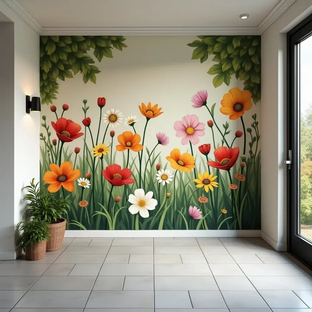 a photo of a creative mural of flowers on an entrance hall garden wall