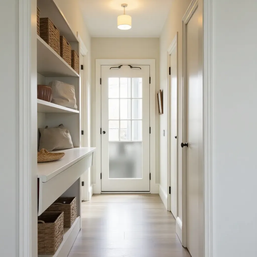 a photo of a narrow corridor with decorative storage baskets