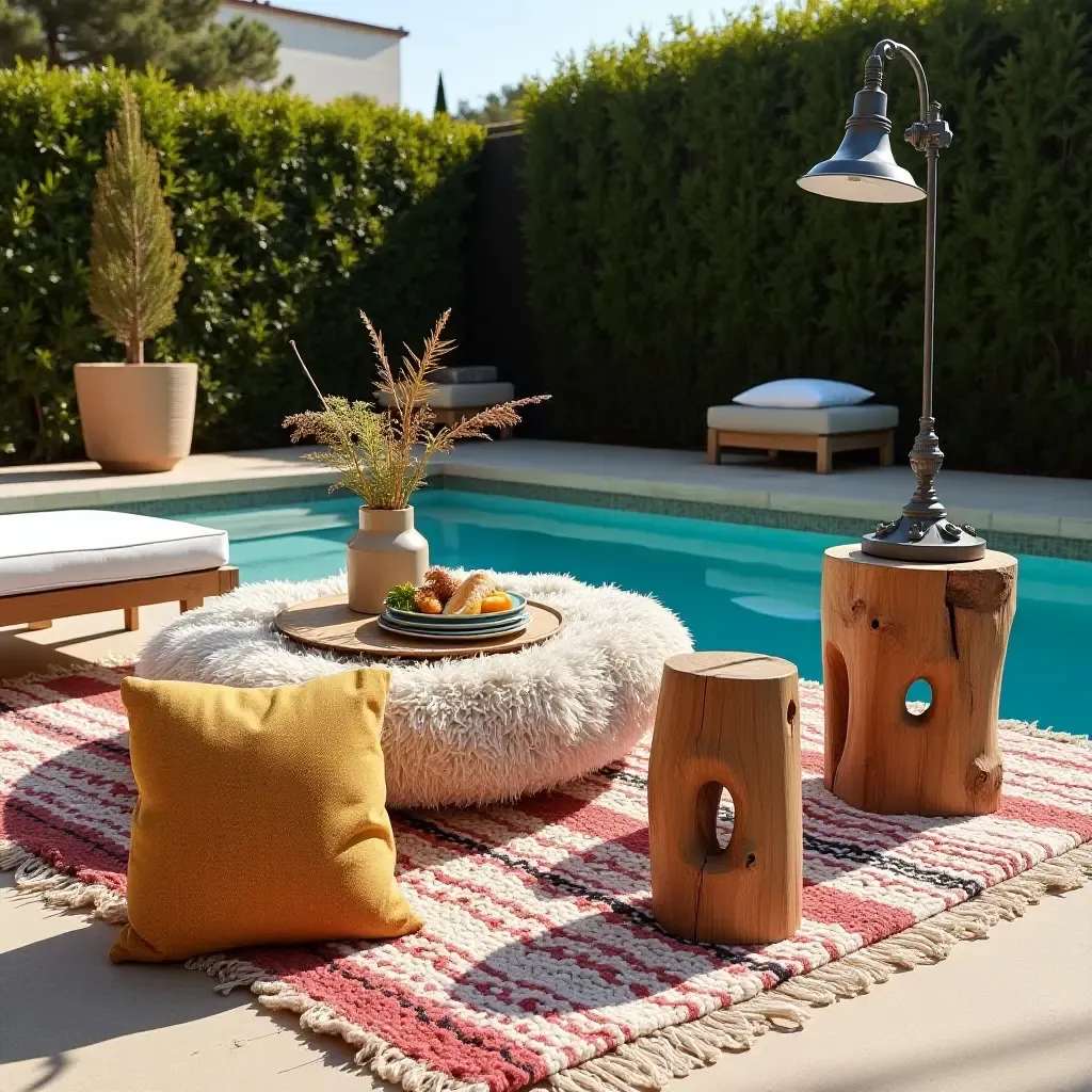 a photo of a bohemian poolside setup with textured fabric rugs, reclaimed wood stools, and industrial metal lamps