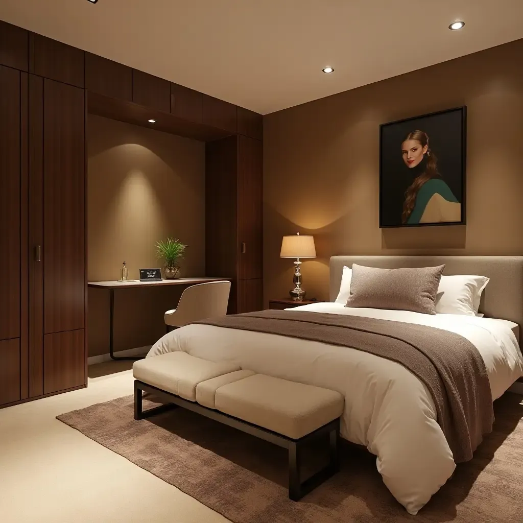 a photo of a stylish basement guest suite with elegant furnishings and warm tones