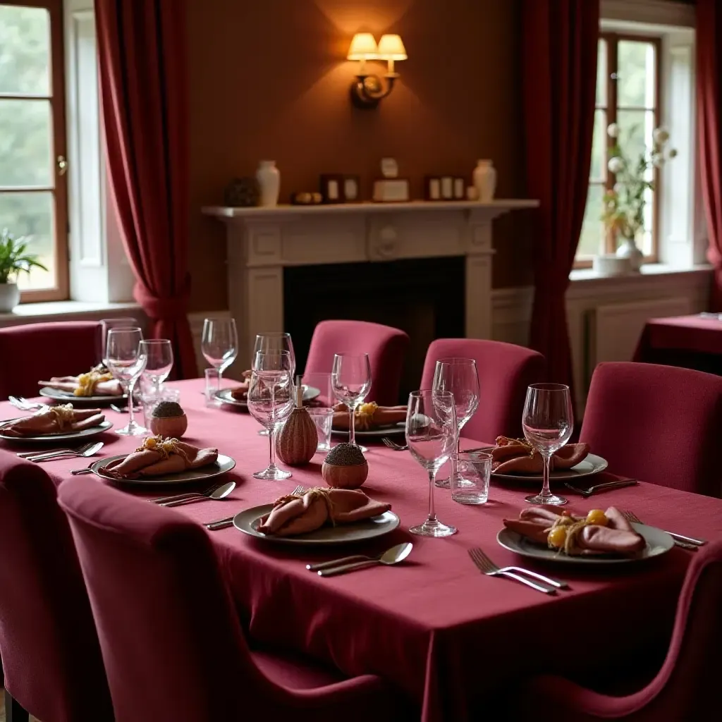 a photo of a dining area with burgundy table settings