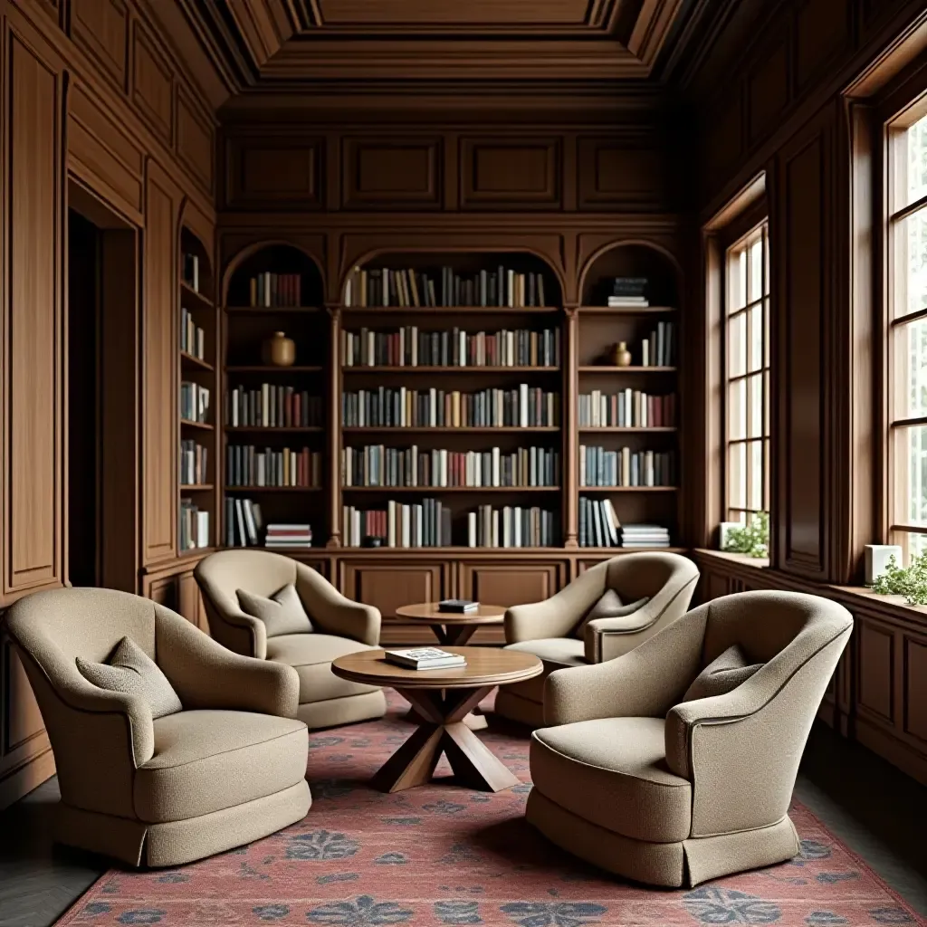 a photo of a chic library with fabric-covered chairs and wooden tables