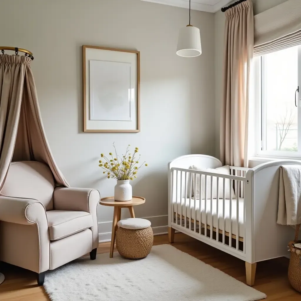 a photo of a small nursery with a cozy reading nook