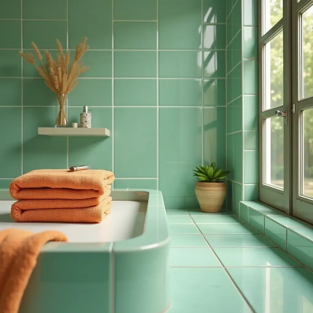 a photo of a bathroom with green tiles and orange towels for a refreshing touch