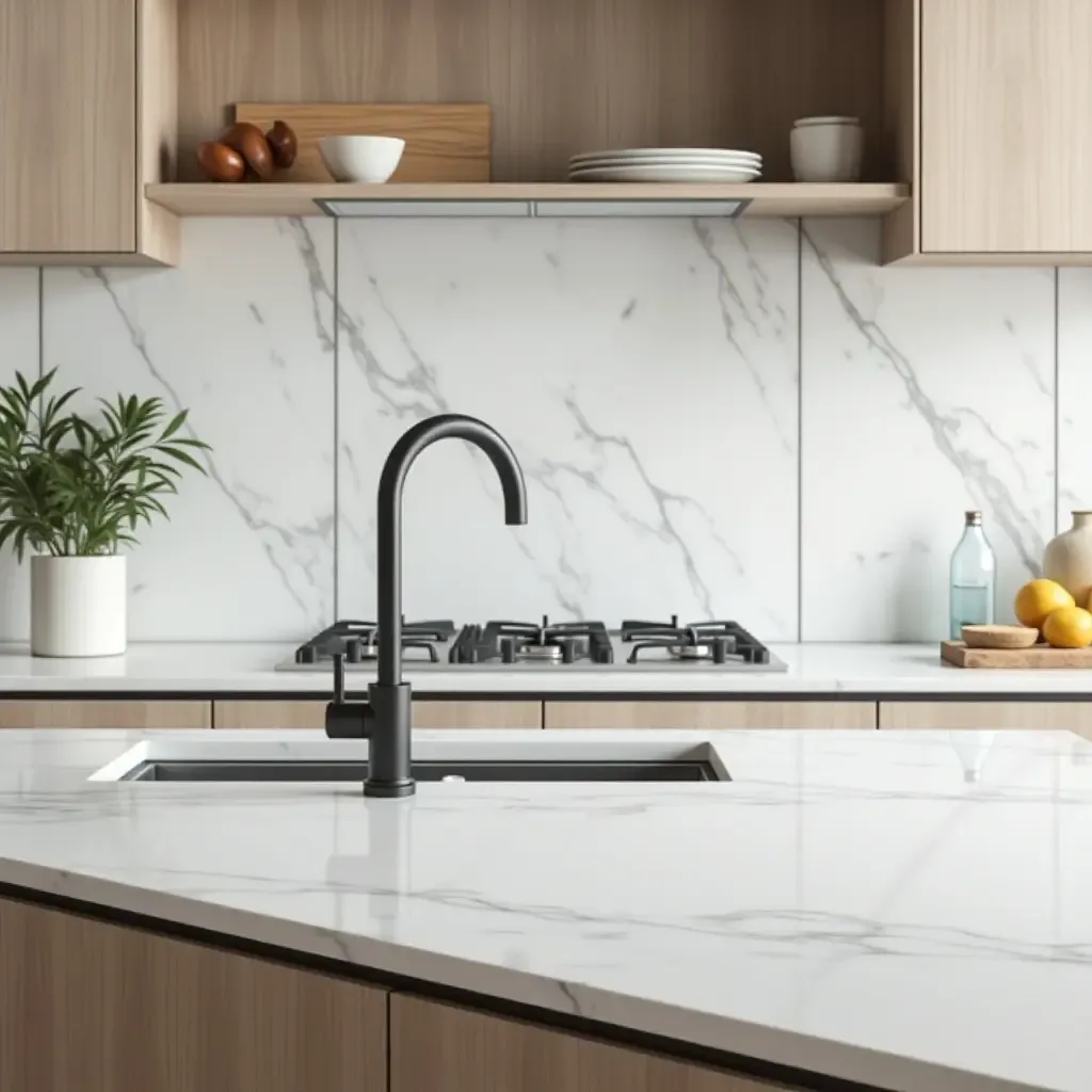 a photo of a sleek marble countertop with modern kitchen accessories