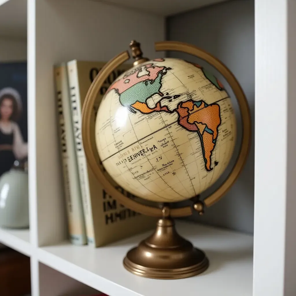 a photo of a vintage globe on a nursery bookshelf