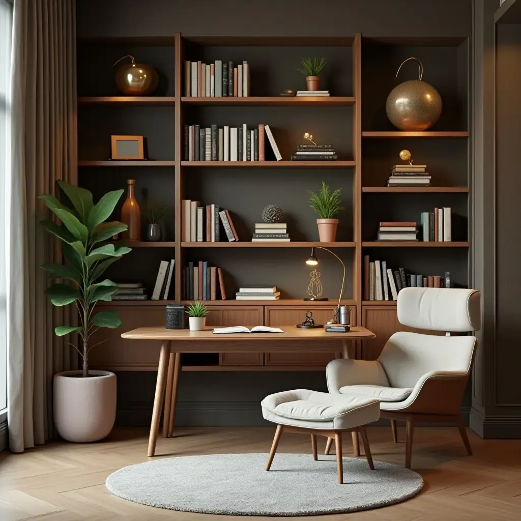 a photo of a chic workspace in a library with stylish office supplies and decor