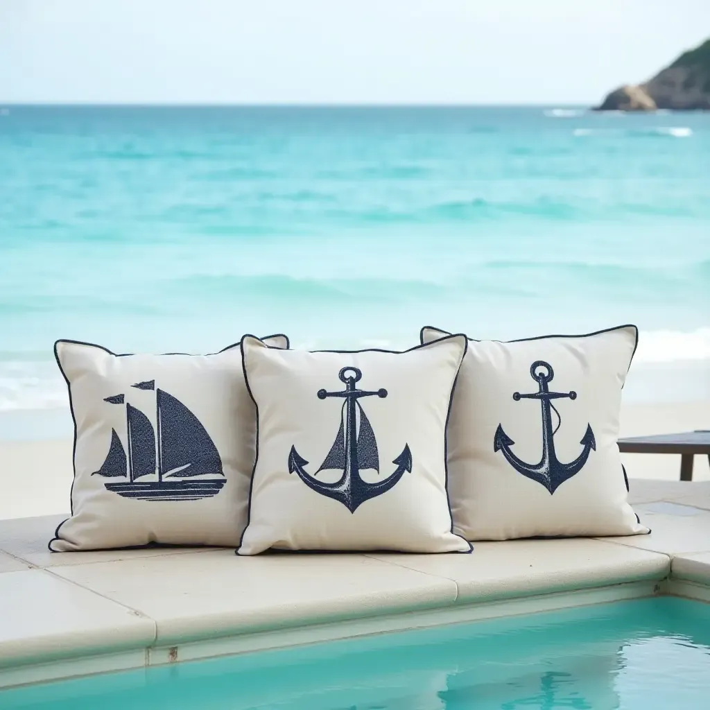 a photo of throw pillows with nautical themes beside a seaside pool