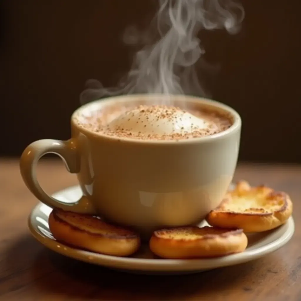 a photo of a steaming cup of café con leche with a side of toasted magdalenas.