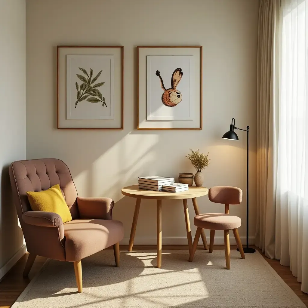 a photo of a reading corner with a small table and whimsical decor