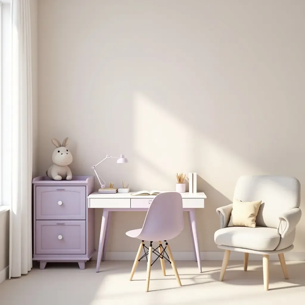 a photo of a soft lavender and cream study area for children