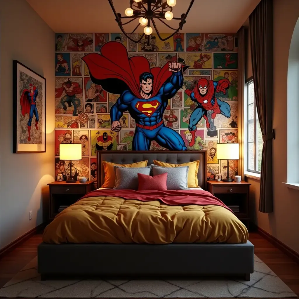 a photo of a superhero-themed bedroom with comic book wall art