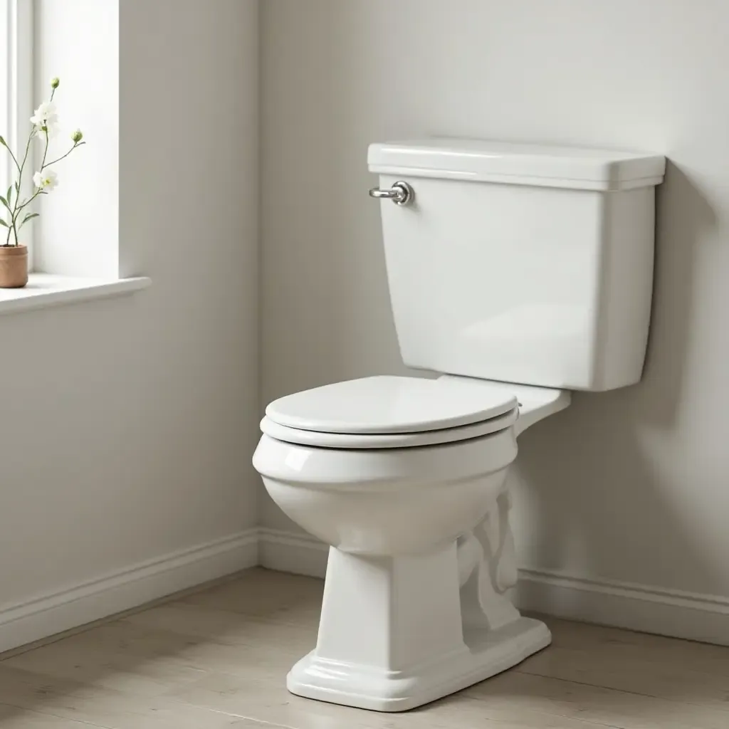 a photo of a bathroom with a classic porcelain toilet